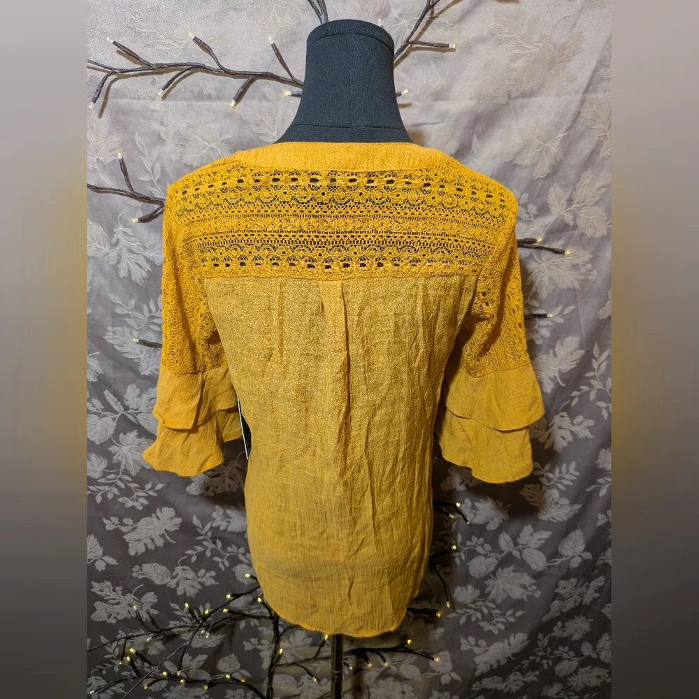 Always Indigo Ruffle 1/2 Sleeve Crochet Button Down, Size S, NWT! - Picture 3 of 7